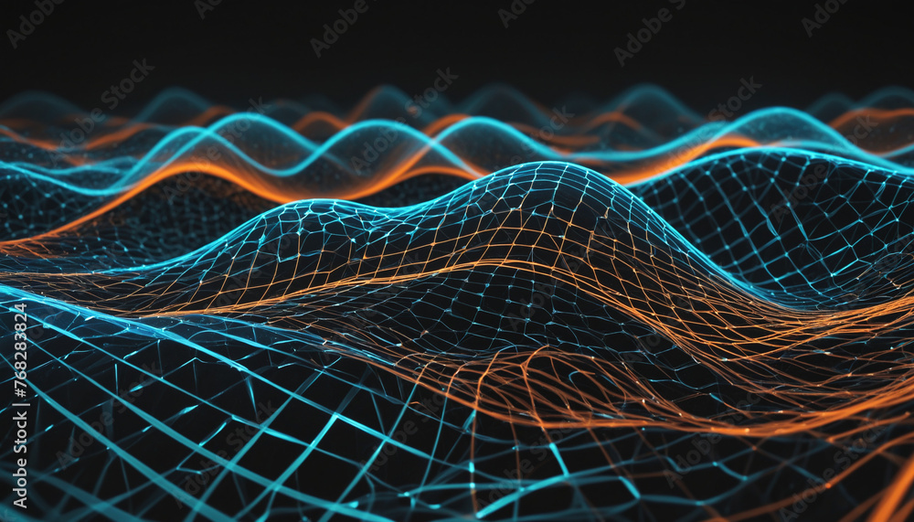 Poster abstract digital network waves and glowing blue and orange particle data on dark background