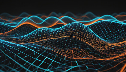 Abstract digital network waves and glowing blue and orange particle data on dark background