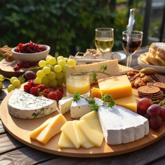 A cheese board with a wide variety of delicious cheeses like cheddar, feta, brie