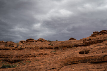 Cloudy Gray Sky in The Desert Red Rocks Sandstone Formations