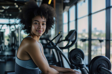 Fototapeta premium Woman Exercising in Gym with City View