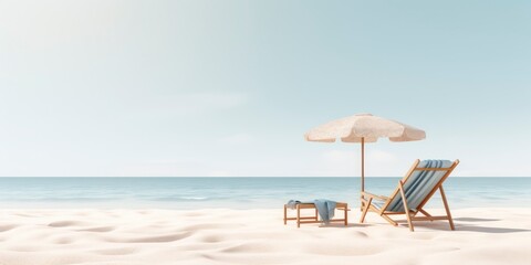 Beach chair and umbrella on the sandy beach. - obrazy, fototapety, plakaty