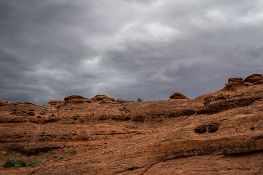 Cloudy Gray Sky in The Desert Red Rocks Sandstone Formations