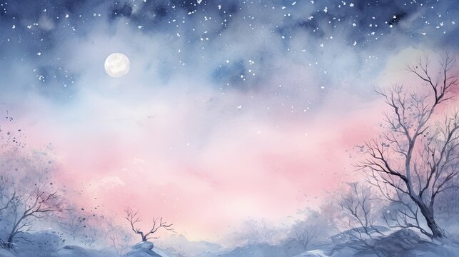 Illustration of a Moonlight on a grunge background with snow and floral edges, realistic watercolor style, pink blue background,