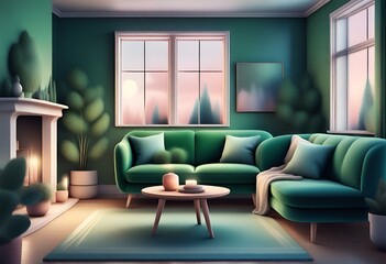 Scandinavian-style living room with a green sofa