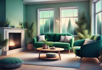 Scandinavian-style living room with a green sofa