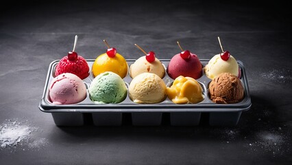 Set of ice cream scoops of different colors and flavours with berries, nuts and fruits decoration