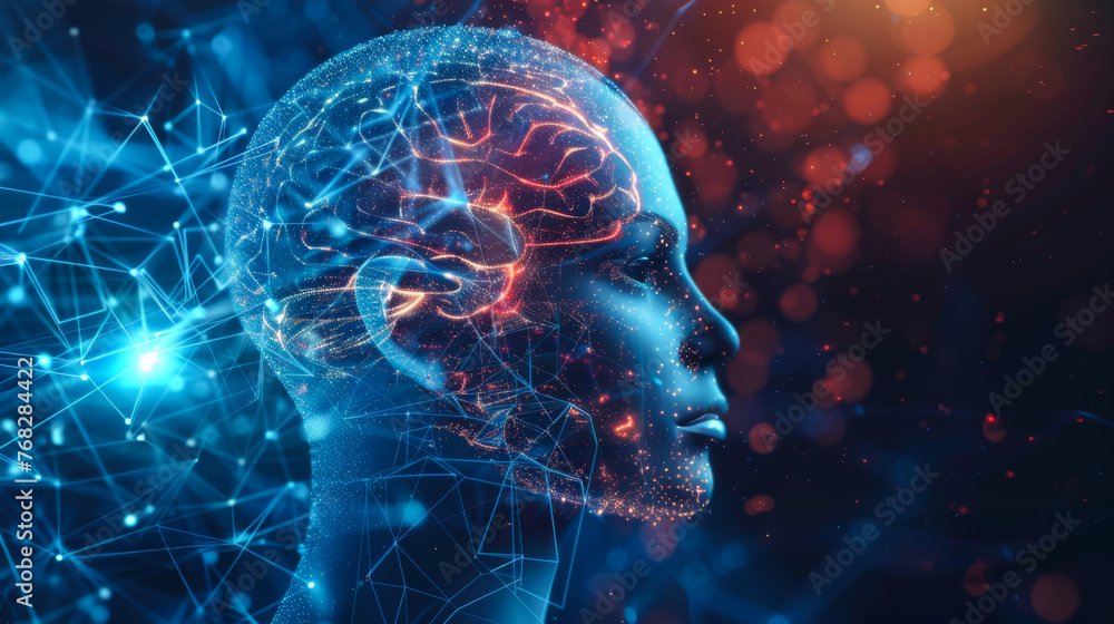 Poster a brain made of lines and dots with a red and orange color. the brain is surrounded by a blurry back