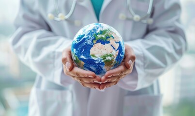 Medical doctor carefully holds the world globe in his hands - 768284662