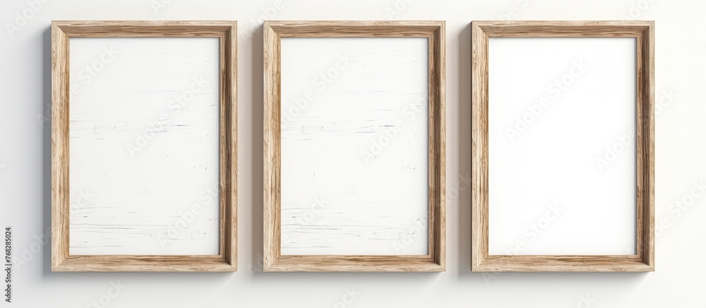 Poster three identical empty wooden frames are hanging on a plain white wall in a simple and minimalist dis