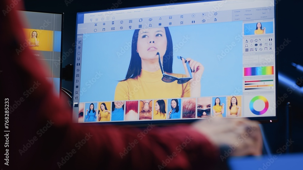 Aufkleber photographer using professional photo editing tools, close up shot on pc display. photo editor utili