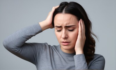 Anxious young girl holding her head, migraine