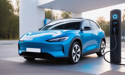Charging an EV electric sedan car with blue color in a city parking. The electric car arrived at the charging station
