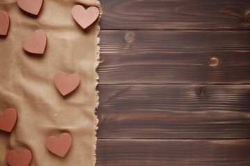 Wooden table scattered with pink paper hearts next to rustic burlap fabric, symbolizing warmth and love. Wooden Table with Hearts and Burlap Fabric