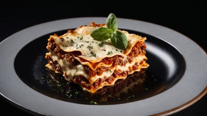 Lasagna on a black plate, hot dinner