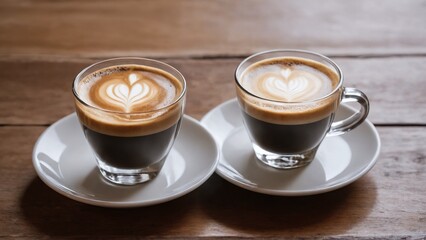 Two cup of cappuccino with latte art on wooden background. Hot coffee on table. Top view