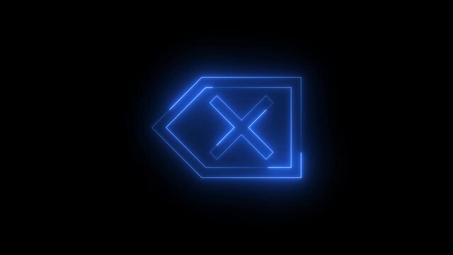 Neon glowing blue color backspace icon animation black background