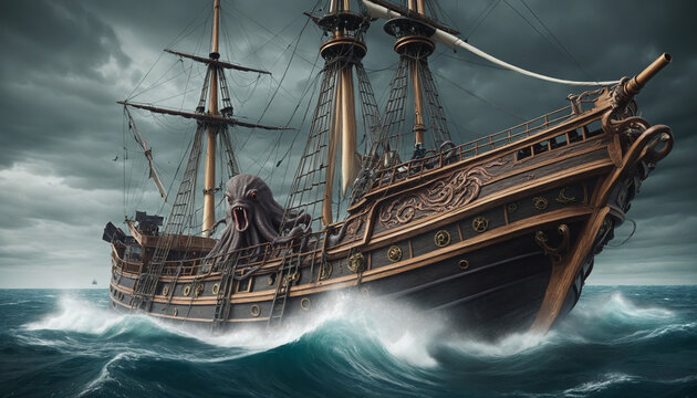 A giant octopus kraken monster attacking a pirate ship in the dark ocean - Horror picture of Seafarer's Nightmare Stories