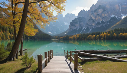 Autumn Landscape of Lago di Braies Lake in Italian Dolomites Mountains  - obrazy, fototapety, plakaty