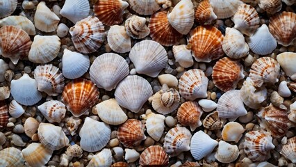Background of seashells of different colors. Mollusk seashell texture.