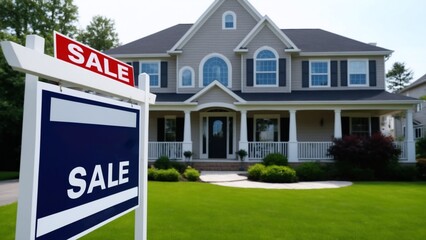 Selling Real Estate Sign in front of New House. for sale inscription on the plate