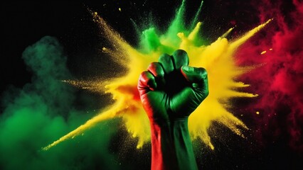 Fist with an explosion of colored gunpowder, power, protest concept