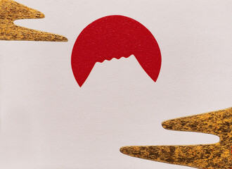 Hand painted painting Golden cloud sun and Mt.Fuji