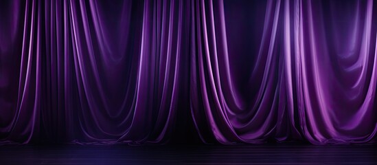 The dimly lit theater setting features striking violet curtains and a polished wooden floor,...
