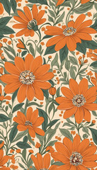 Seamless orange flower pattern earthy color 