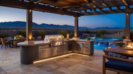Custom outdoor kitchen at dusk