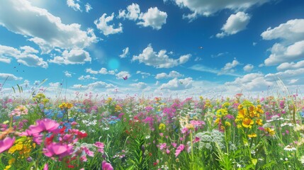 Obraz na płótnie Canvas Happy sunny wildflower Bloom meadow field background created with Generative AI Technology