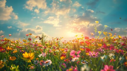 Fototapeta na wymiar Happy sunny wildflower Bloom meadow field background created with Generative AI Technology