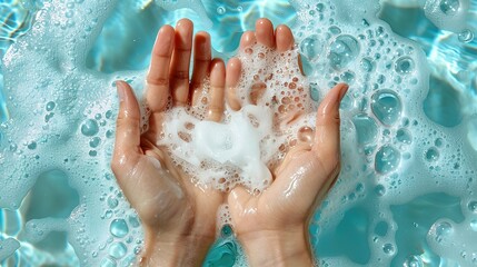 Fototapeta premium On a light blue background, hands are bathed in soap foam