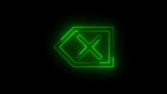 Neon glowing green color backspace icon animation black background
