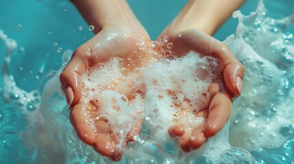 Fototapeta premium On a light blue background, hands are bathed in soap foam