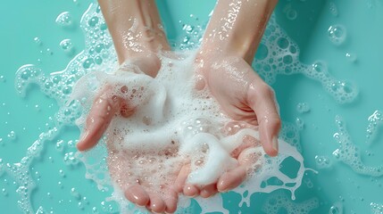 On a light blue background, hands are bathed in soap foam