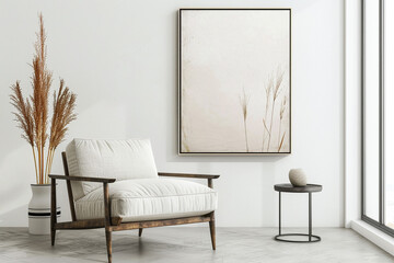 Interior poster mock-up living room with armchair on empty white wall background.