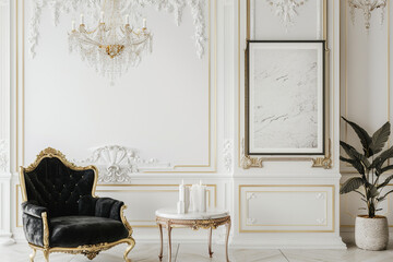 Lavish room with plush velvet chair, marble table, elegant chandeliers, and white frame mockup.