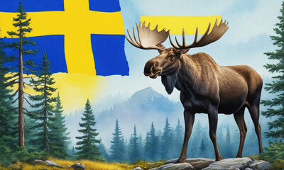 Symbol associated with the country Sweden - watercolor illustration. Majestic moose standing tall in a dense pine forest, symbolizing Sweden's strength and connection to nature.