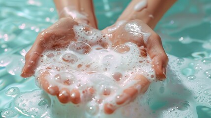 Fototapeta premium On a light blue background, hands are bathed in soap foam