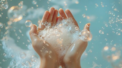 Fototapeta premium On a light blue background, hands are bathed in soap foam