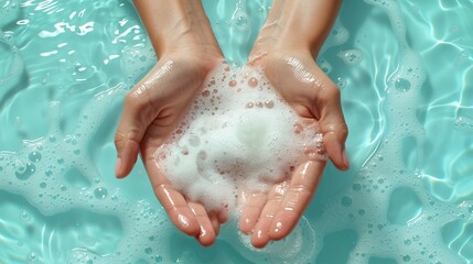 Fototapeta premium On a light blue background, hands are bathed in soap foam