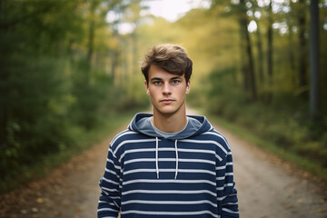 Serious young man in striped hoodie standing on forest path, introspective autumn mood, youth in nature.
