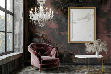 Luxurious interior featuring velvet chair, marble table, crystal chandeliers, and white frame mockup.