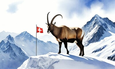 Symbol associated with the country Switzerland - watercolor illustration. A majestic Alpine ibex, a symbol of Switzerland's strength and resilience, stands defiantly on a snow-capped mountain peak.