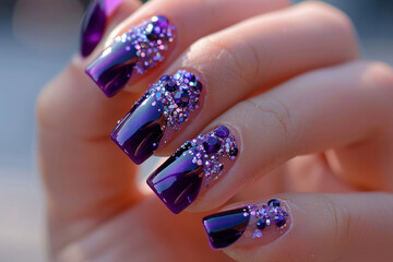 Luxurious purple French manicure featuring shimmering amethyst stones on sapphire blue base.