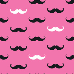 Abstract seamless pattern with black and white moustaches on pink background. Classic mustaches silhouettes. Vector illustration.