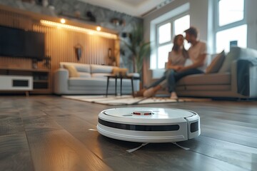 A man and woman sitting on a couch in a living room with a robot vacuum on the floor and a woman - obrazy, fototapety, plakaty