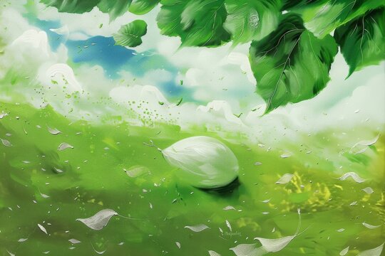 Fluffy Ecologically spring art in green and white color painting created with Generative AI Technology