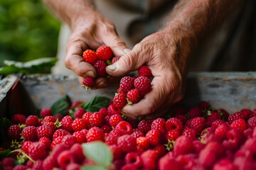 a hand plucking ripe raspberries from a bushel, their vibrant color and tart sweetness a delicious...
